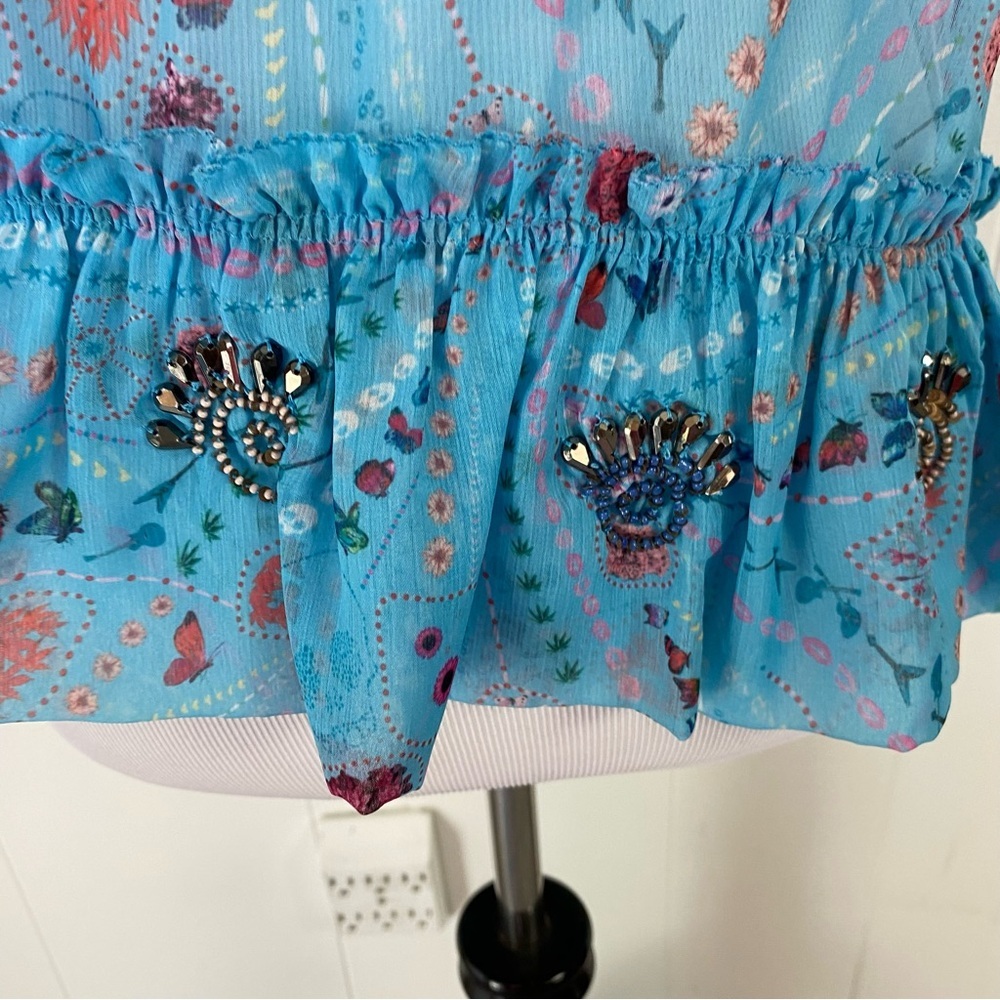 Zadig & Voltaire Tutti Print Psyche  Ruffle Sheer Top SZ XS Blue Novelty Print - Picture 7 of 16